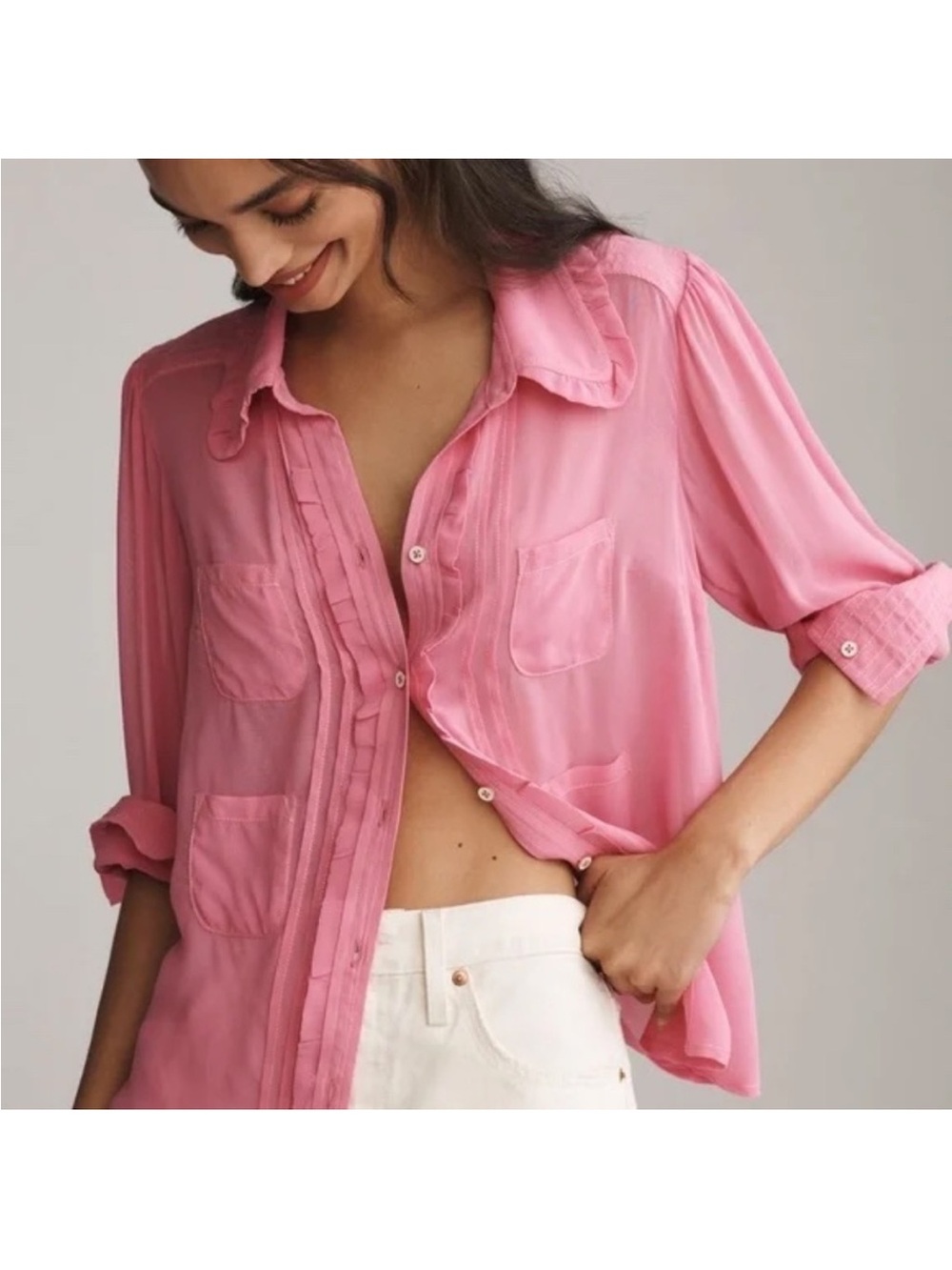Maeve Pink Button-Down Sheer Utility Shirt